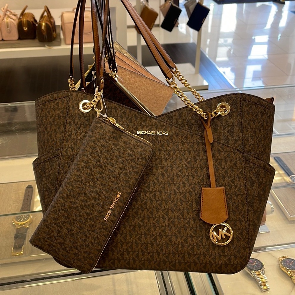 MICHAEL KORS LG X CHAIN SHOULDER TOTE &  JST Large Travel CONTINENTAL Wallet